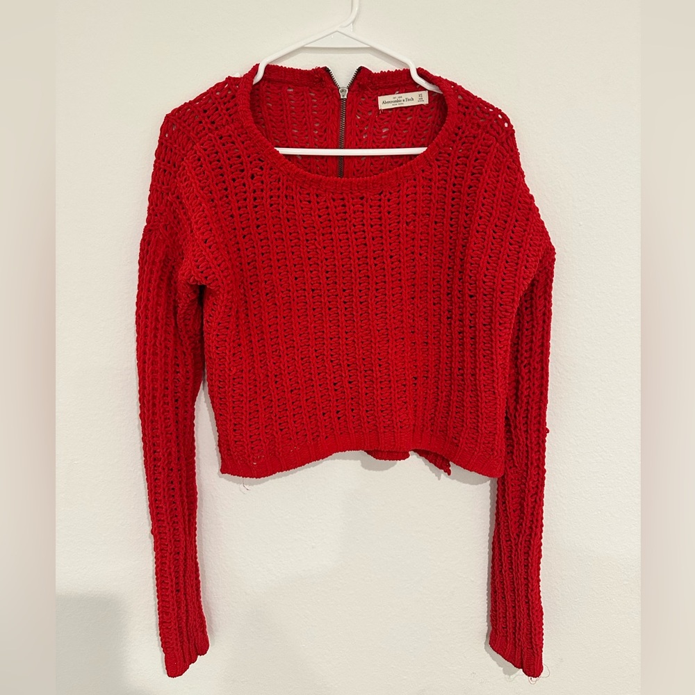 Red knitted Abercrombie & Fitch sweater with gold back zipper. Size XS
